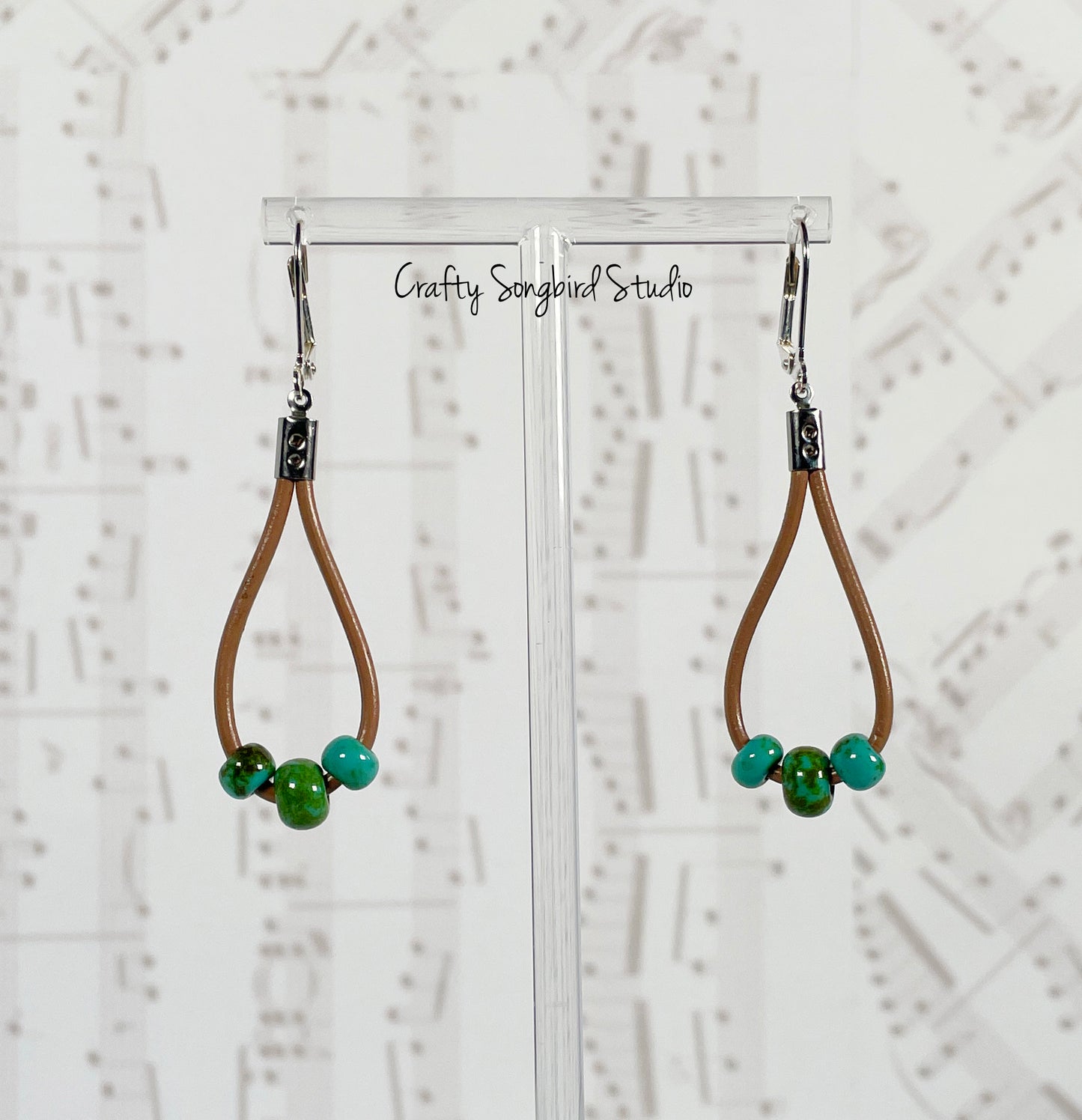Leather Drop Earrings - Lt Brown/Green