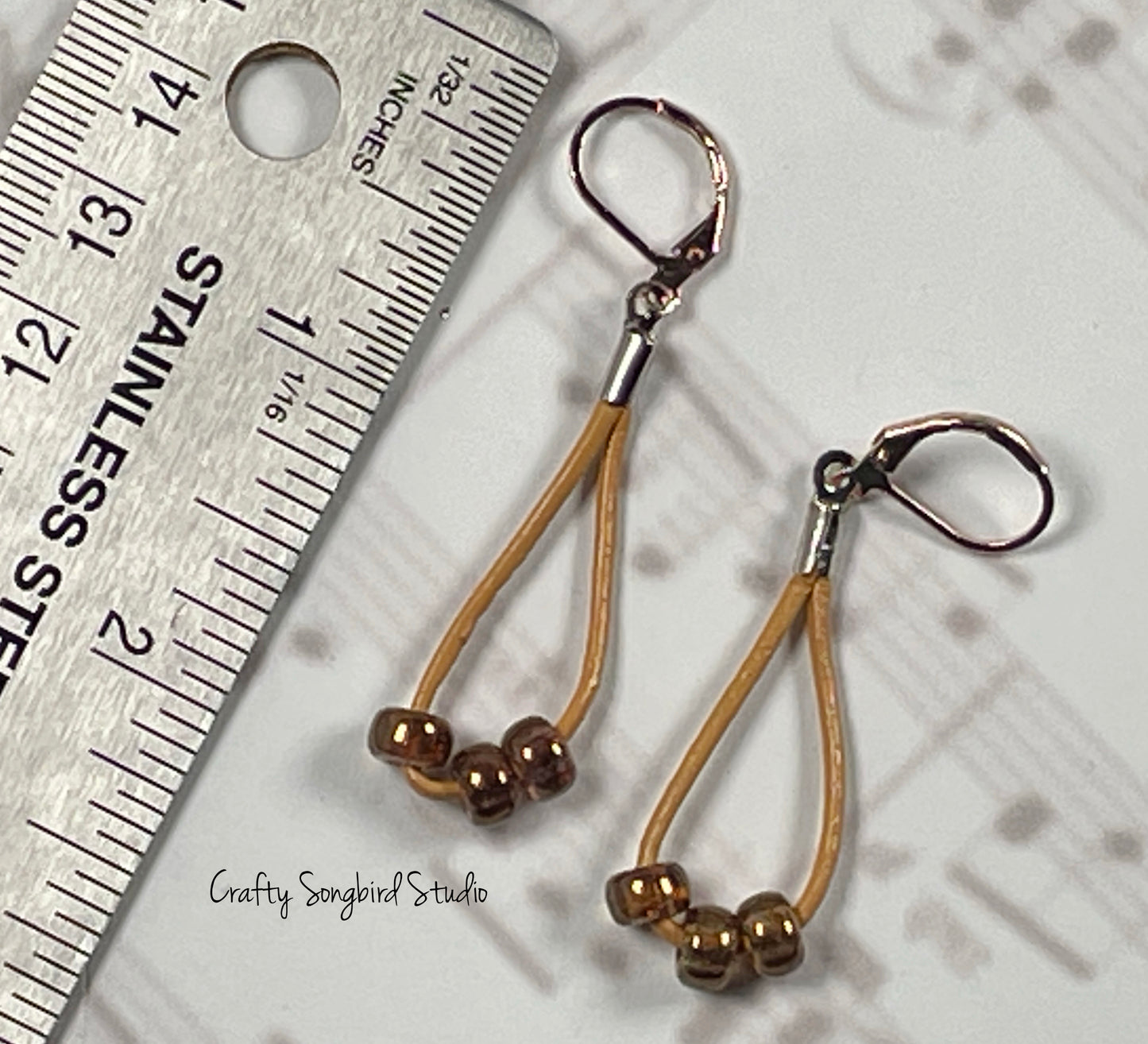 Leather Drop Earrings - Lt Brown/Bronze