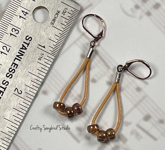 Leather Drop Earrings - Lt Brown/Bronze