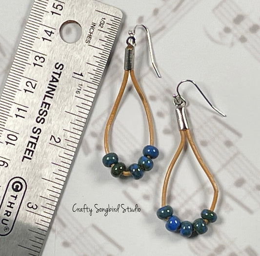 Leather Drop Earrings - Lt Brown/Blue