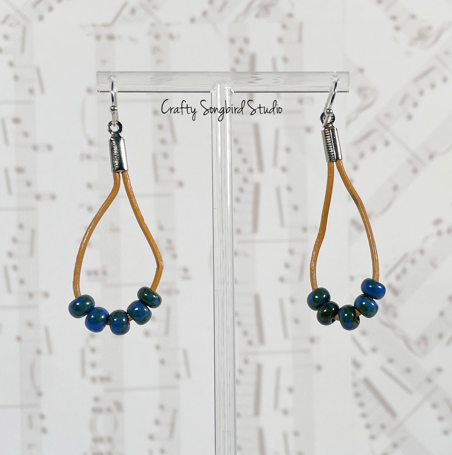 Leather Drop Earrings - Lt Brown/Blue