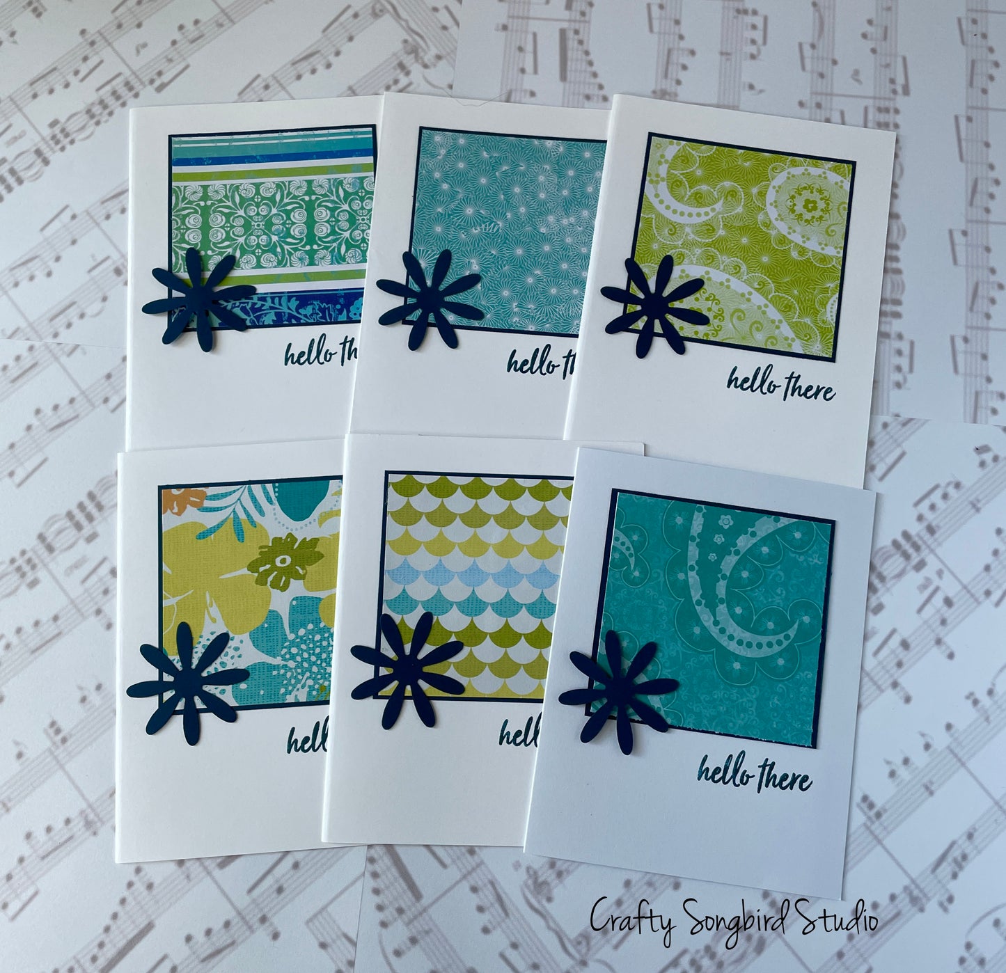 Navy Flower Hello Handmade Cards #2 (Blank Inside) - Set of 6