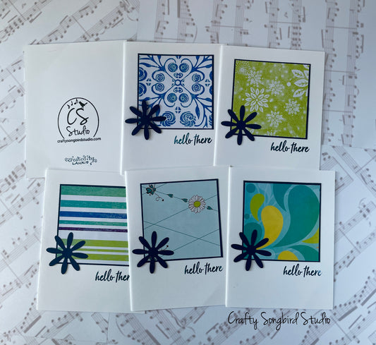 Navy Flower Hello Handmade Cards #3 (Blank Inside) - Set of 6