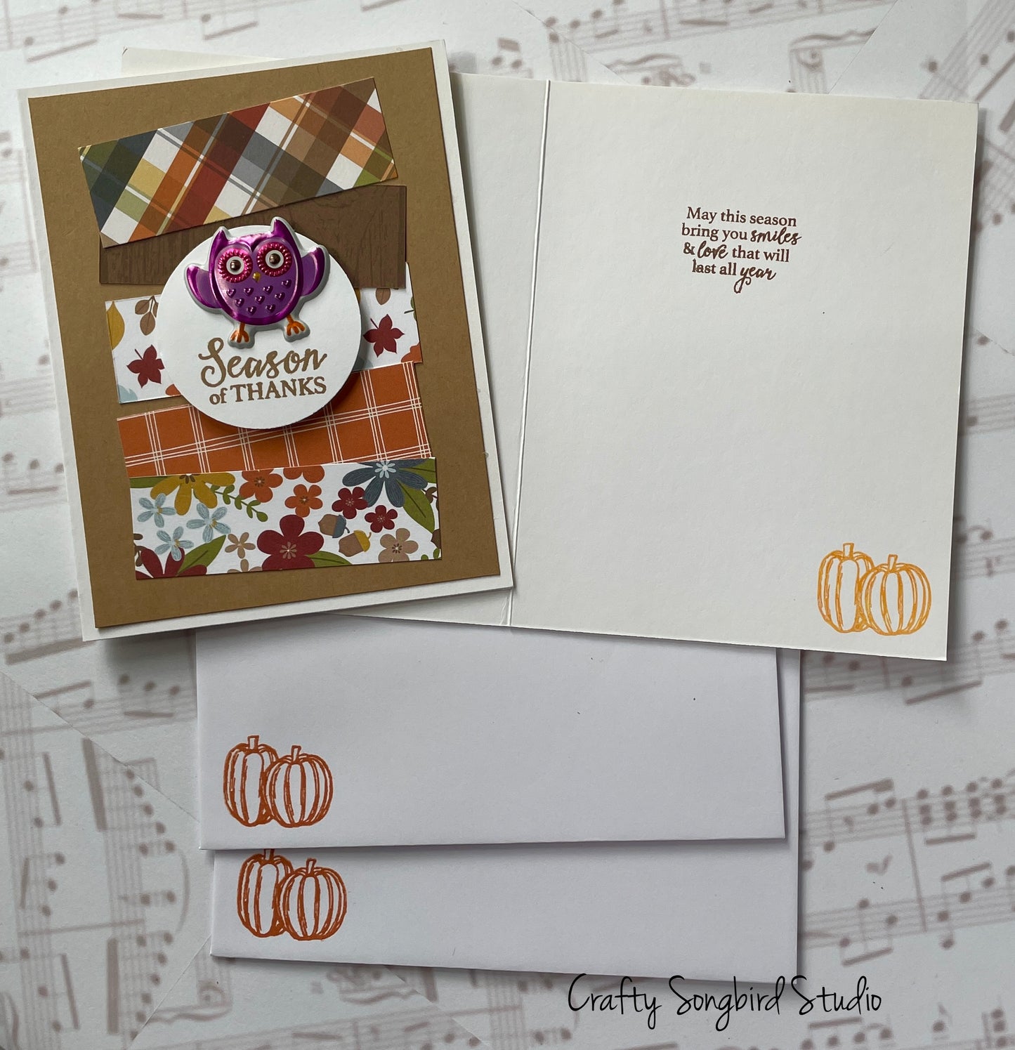 Thanksgiving Owl #2 Handmade Cards (Sentiment Inside) - Set of 2