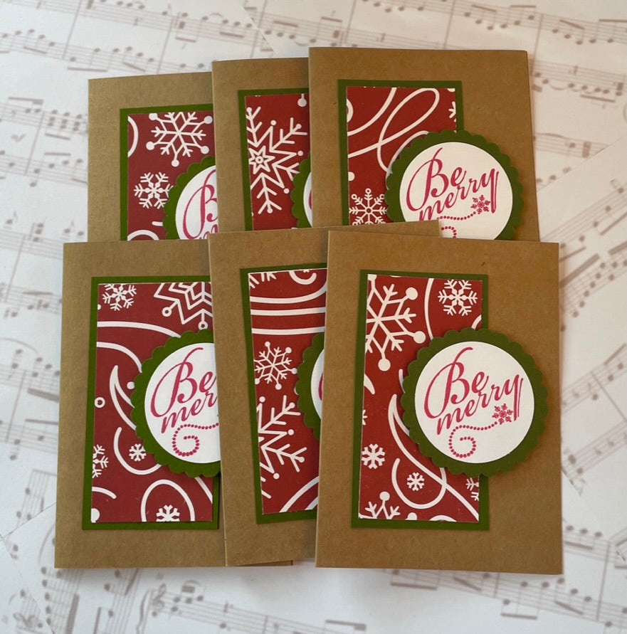 Red Snowflakes on Kraft Handmade Cards - Set of 6