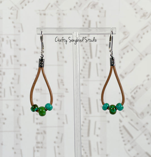Leather Drop Earrings - Lt Brown/Green