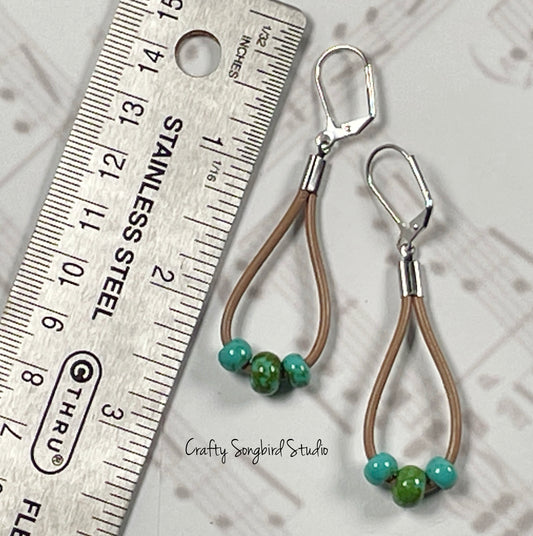 Leather Drop Earrings - Lt Brown/Green