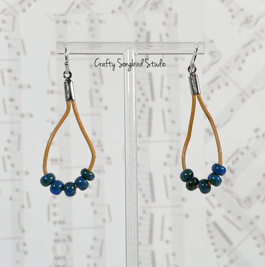 Leather Drop Earrings - Lt Brown/Blue
