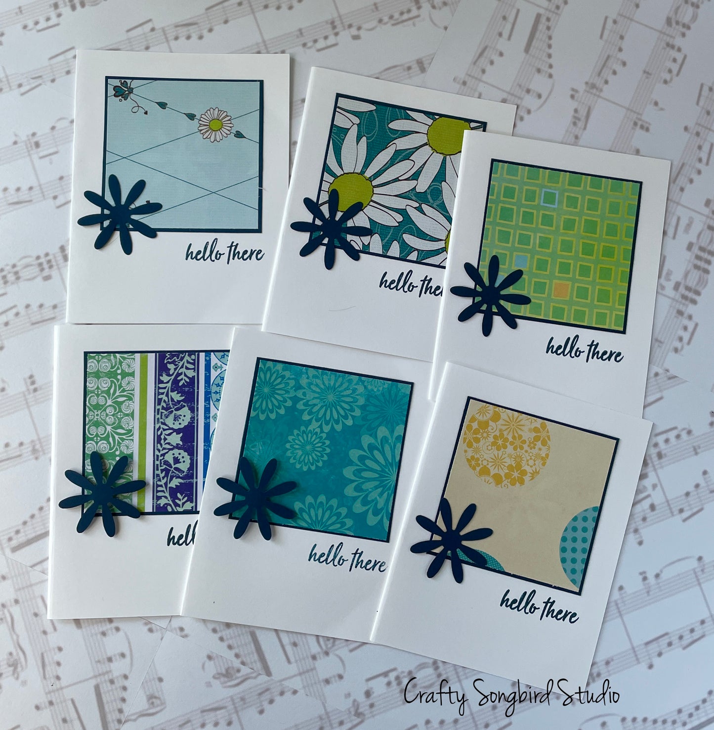 Navy Flower Hello Handmade Cards #1 (Blank Inside) - Set of 6