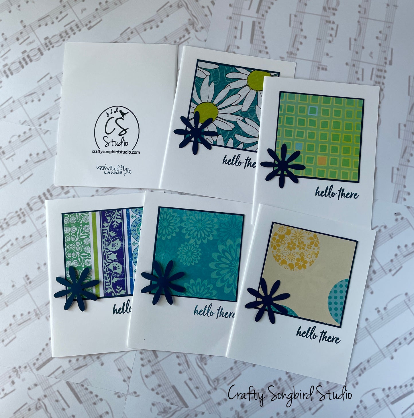 Navy Flower Hello Handmade Cards #1 (Blank Inside) - Set of 6