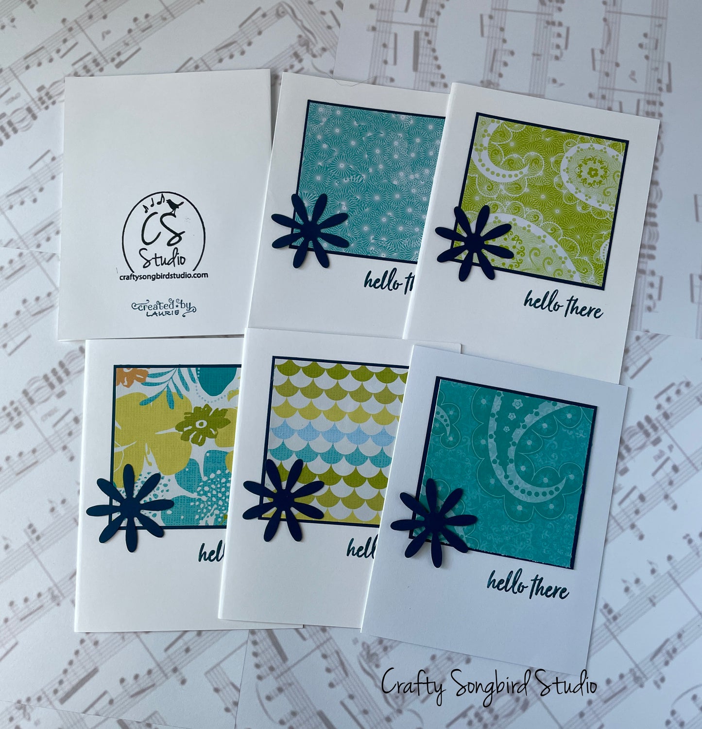 Navy Flower Hello Handmade Cards #2 (Blank Inside) - Set of 6