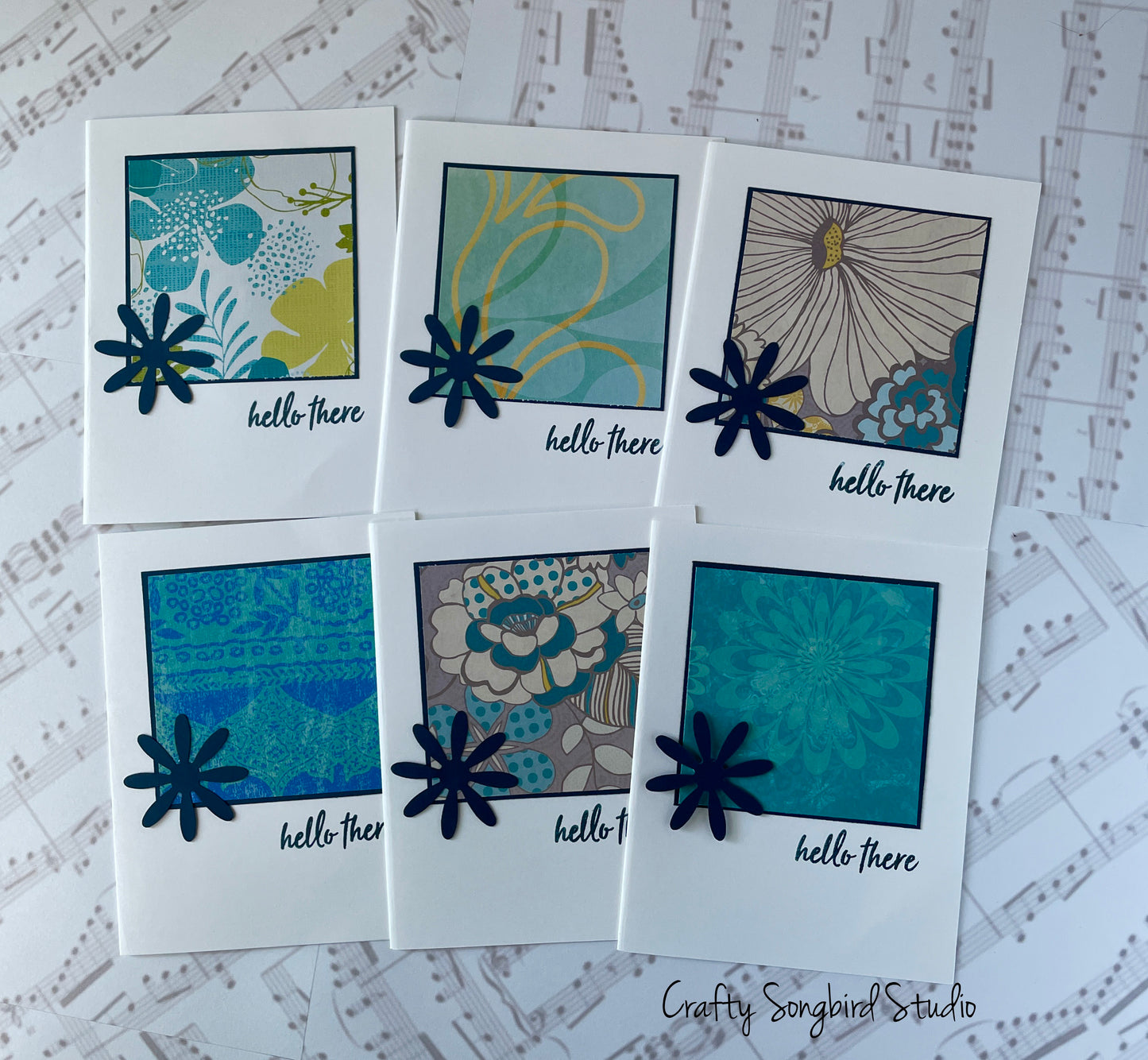 Navy Flower Hello Handmade Cards #4 (Blank Inside) - Set of 6