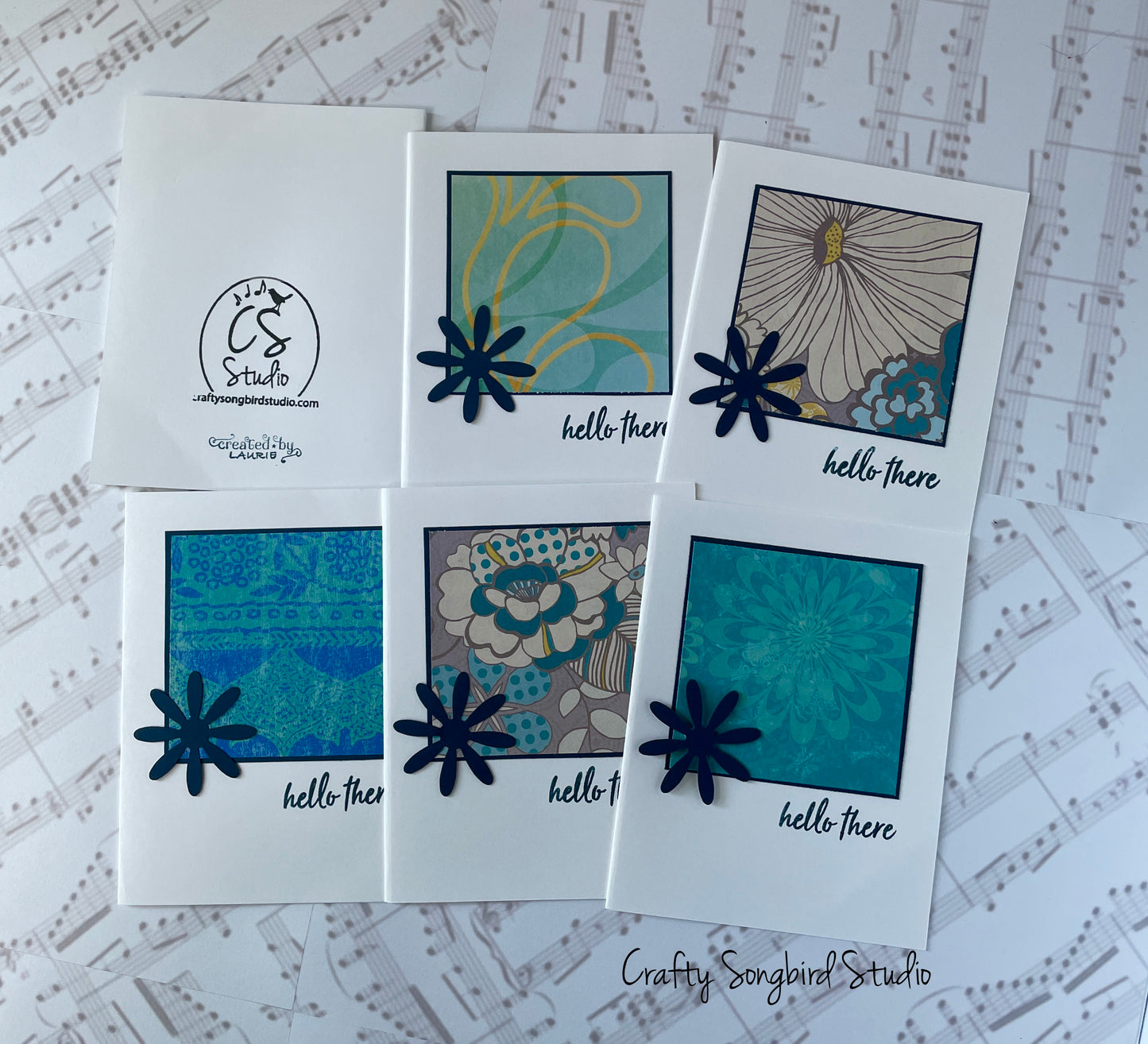 Navy Flower Hello Handmade Cards #4 (Blank Inside) - Set of 6