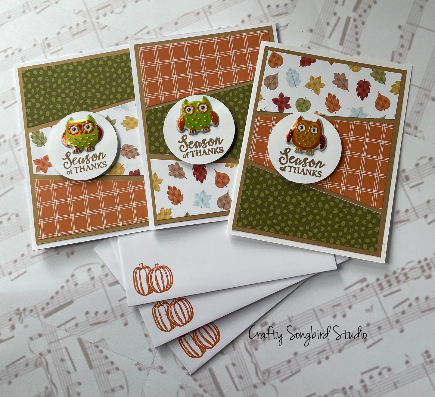 Thanksgiving Owl #3 Handmade Cards (Sentiment Inside) - Set of 3