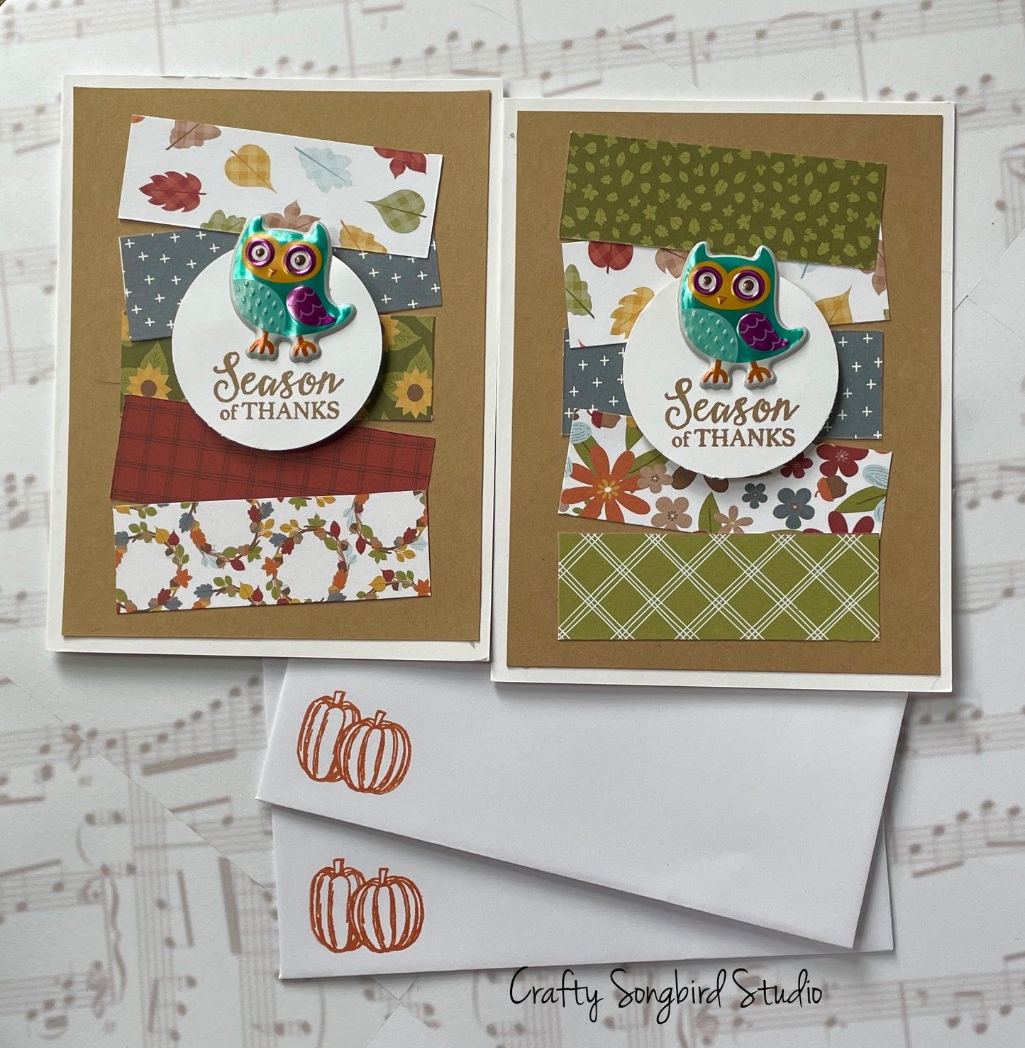 Thanksgiving Owl #1 Handmade Cards (Sentiment Inside) - Set of 2